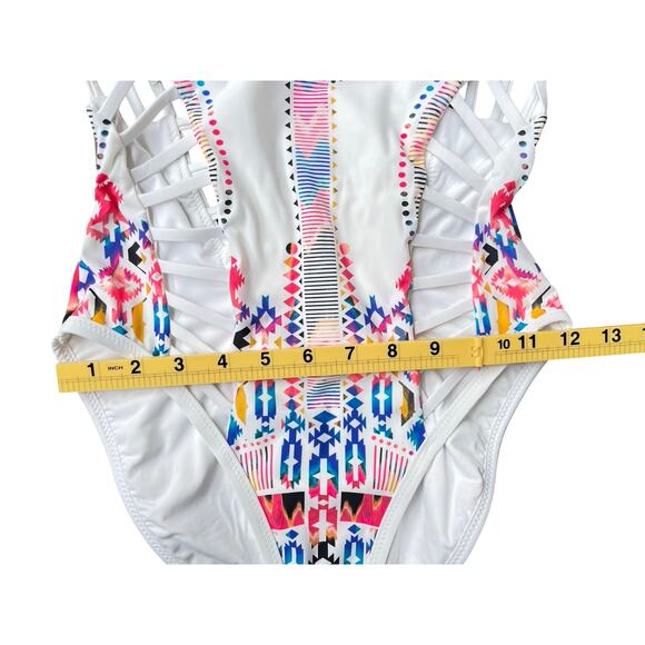 Red Carter White Multicolor Aztec Print One Piece Cutout Swimsuit - Small (6) - Picture 13 of 16